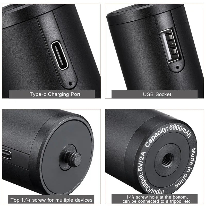 Black aluminium alloy power bank charging handle device with 6800mAh capacity and carrying handle