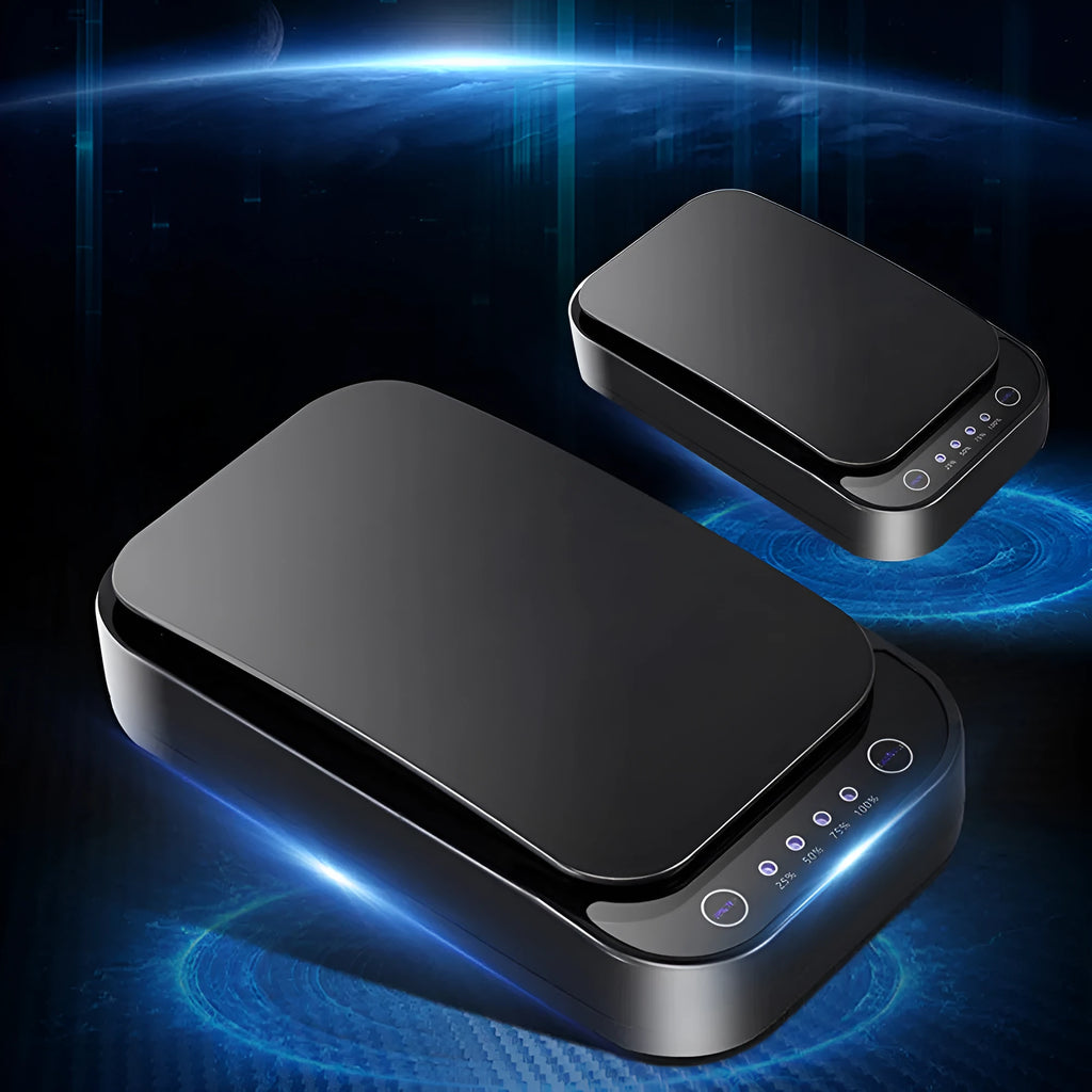 A black or white wireless UV disinfection box for mobile phones, showing phone inside.