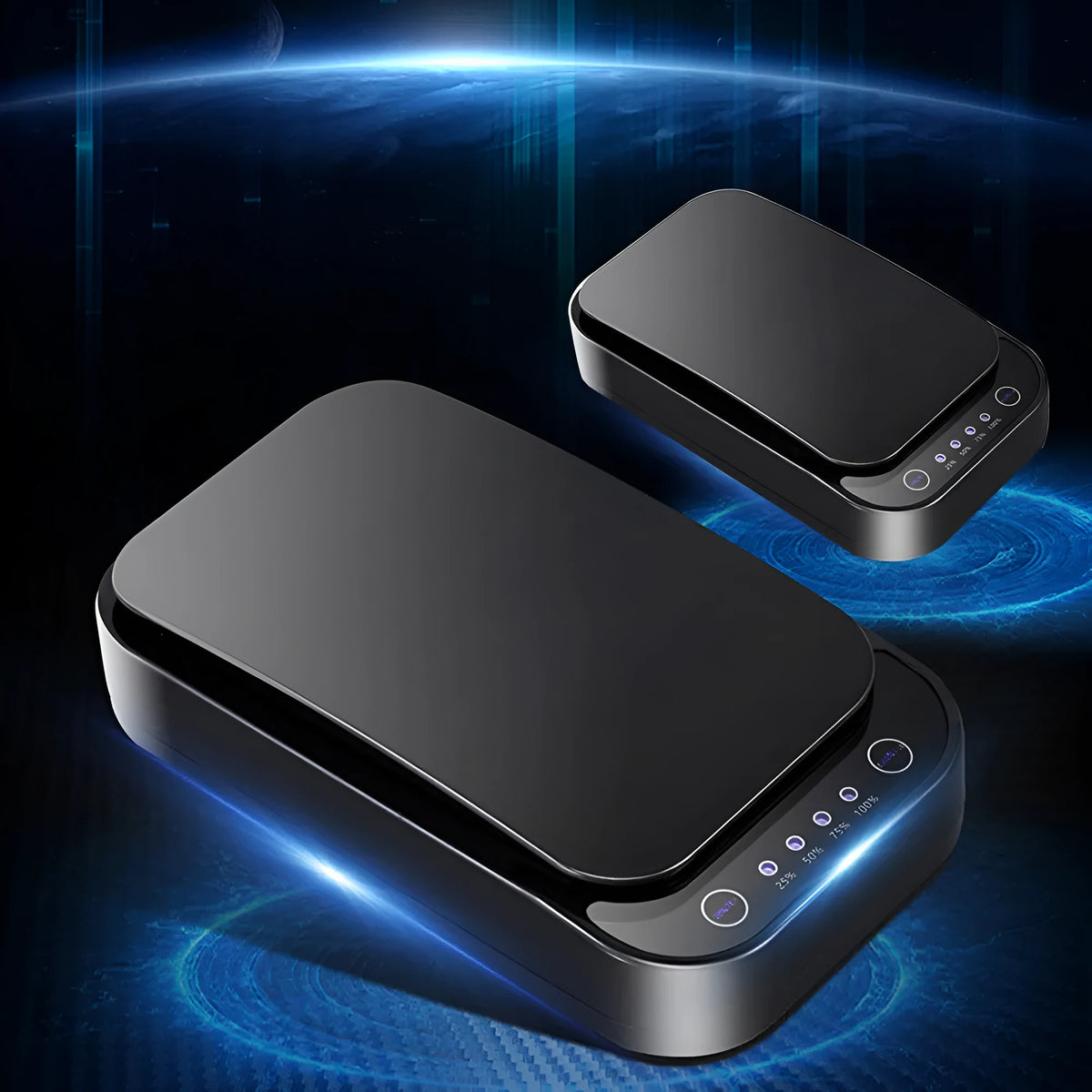 A black or white wireless UV disinfection box for mobile phones, showing phone inside.
