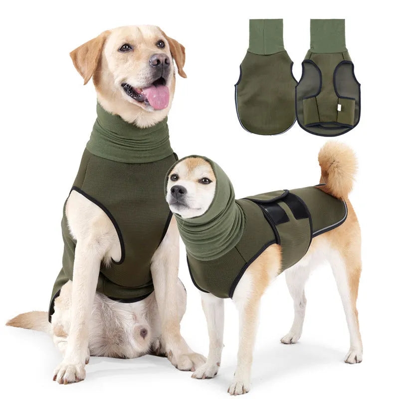 Polyester dog anti-anxiety jacket in army green or dark blue available in seven sizes from XS to XXXL