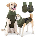 Polyester dog anti-anxiety jacket in army green or dark blue available in seven sizes from XS to XXXL