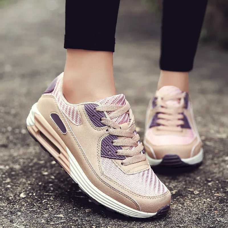 Women's low heel casual shoes in beige orange, grey, and pink purple colours on a sizing chart.