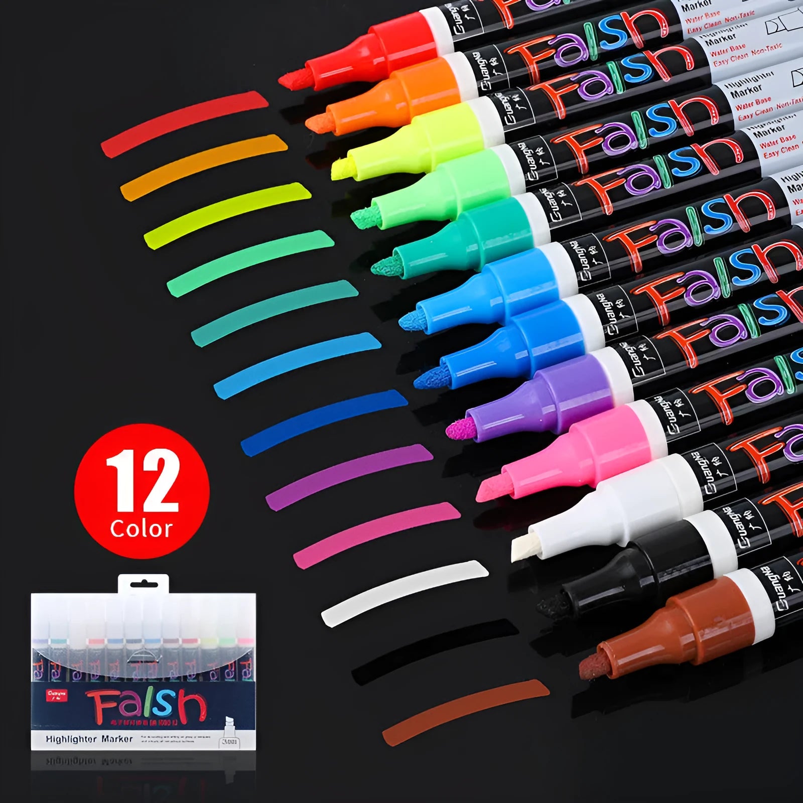 Electronic fluorescent board highlighter with 6mm tip and oblique pen shape on card packaging
