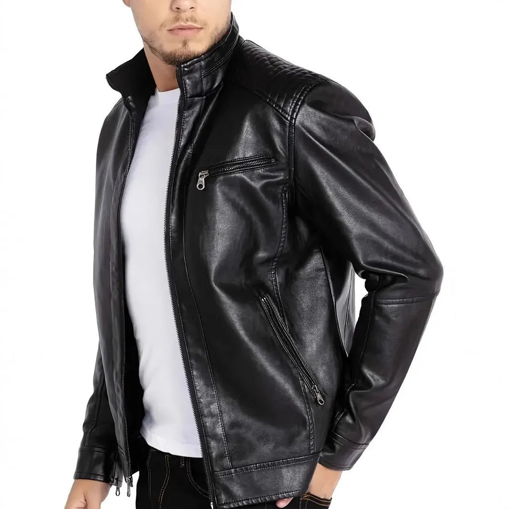 Men's brown polyester artificial leather punk motorcycle jacket with stand collar and patch pockets