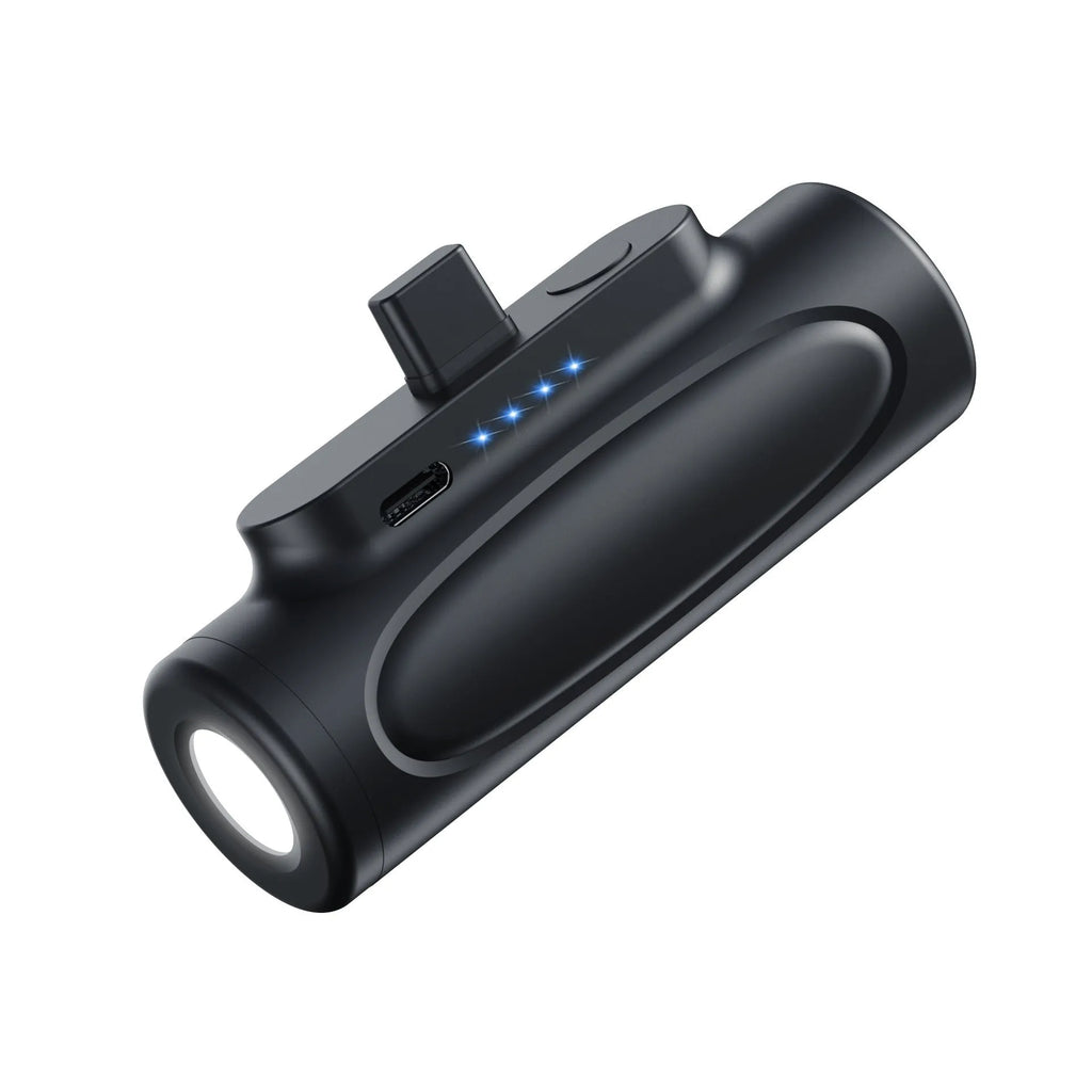 Black and pink creative power bank with LED flashlight, showing dimensions and USB-C or Apple port options.