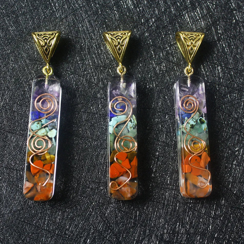Gravel seven chakra spirit pendant geometric unisex acrylic jewellery with natural crushed stone about 4.5*1*0.8cm