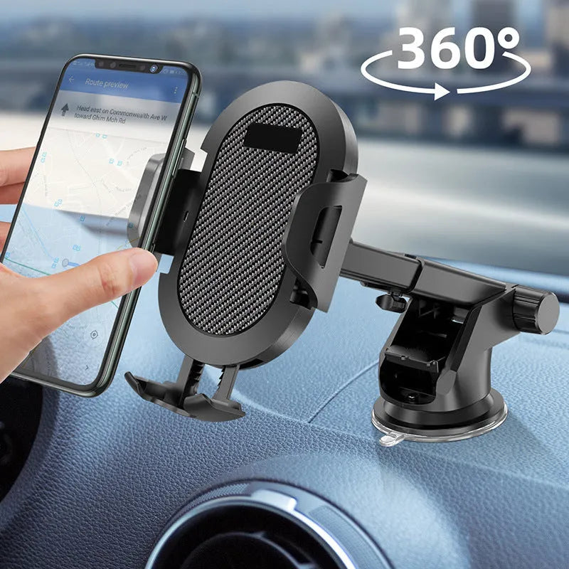 Auto-lock car phone holder in black with grey trim mounted on car air vent holding a smartphone