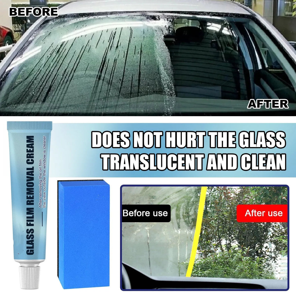 Blue car glass oil film remover stick and sponge for windscreen decontamination.