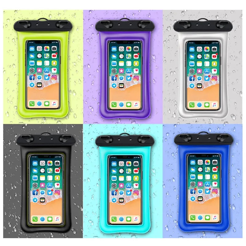 Orange double airbag waterproof phone pouch with a 45cm black rope on a blue background.