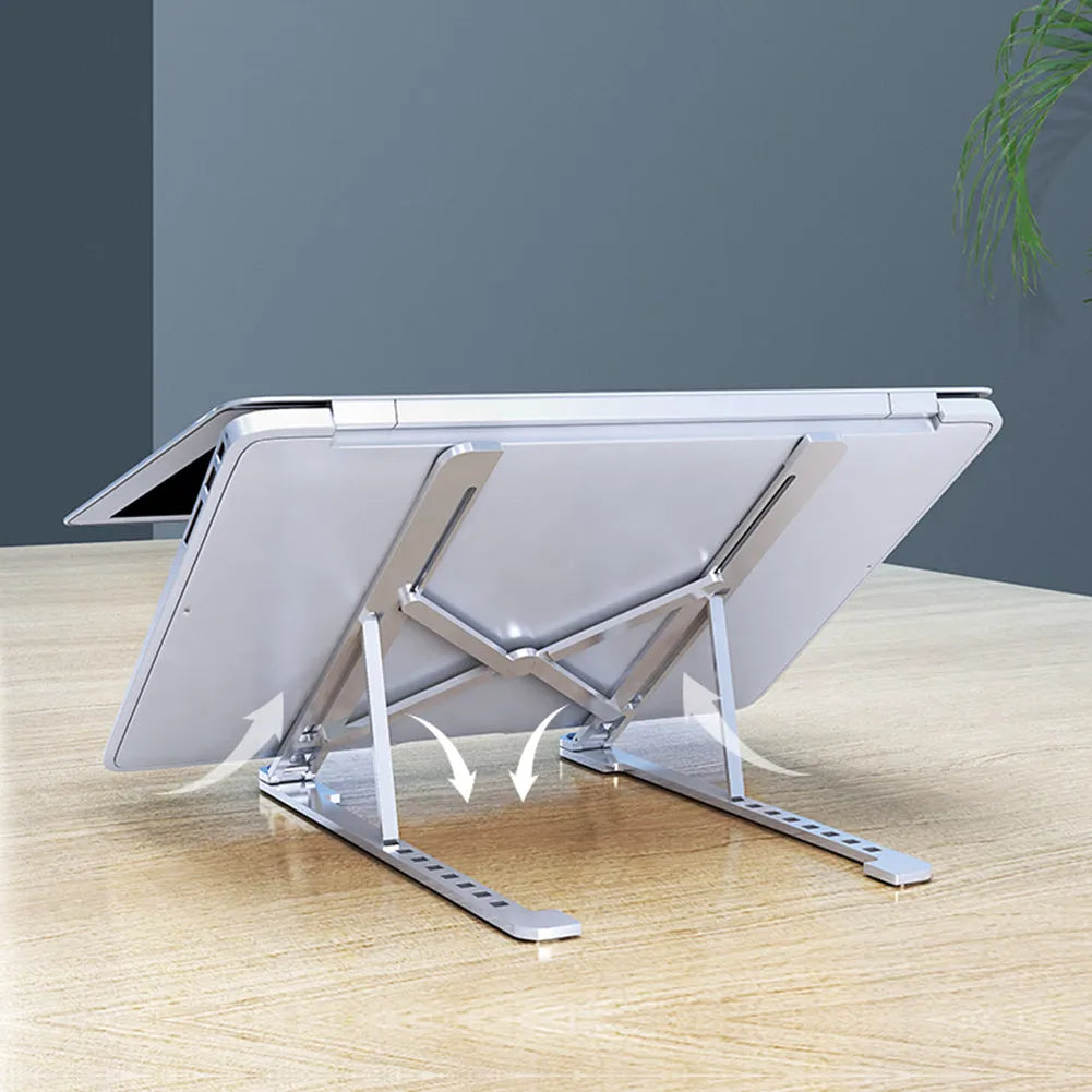Aluminium laptop stand showing adjustable height mechanism and foldable design