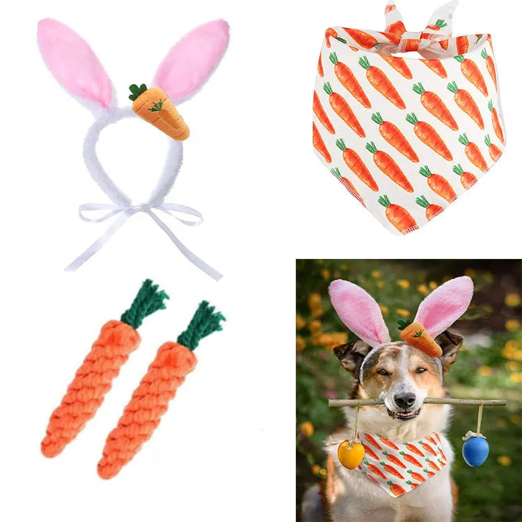 Easter pet decor kit with two 16cm rope carrots, a 68x46x46cm triangle towel, and a 27cm x 13cm hair hoop