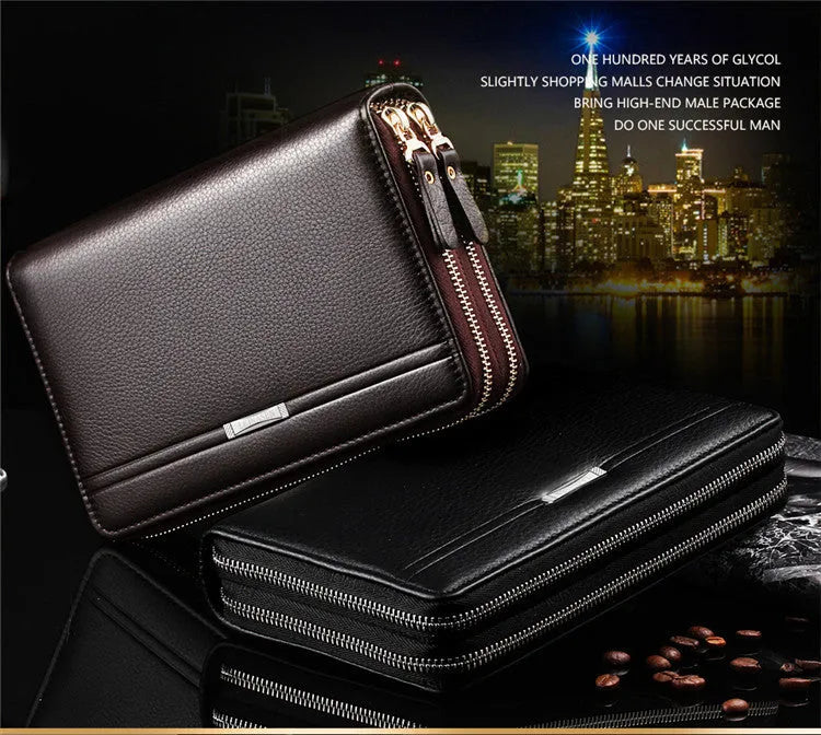 Men's rectangular wallet 21cm x 12cm x 4cm shown in black and brown colour options