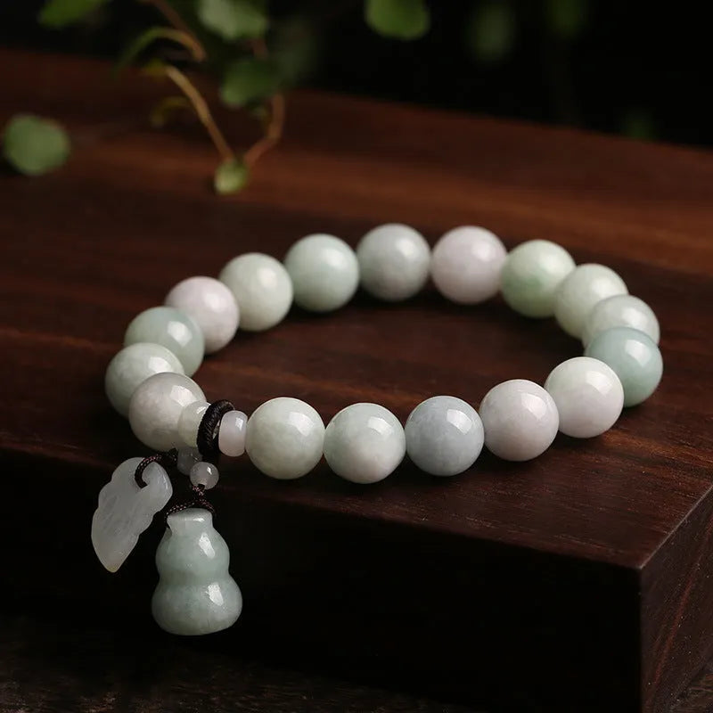 Natural emerald jade hanging bracelet with geometric design and Maitreya Buddha elements
