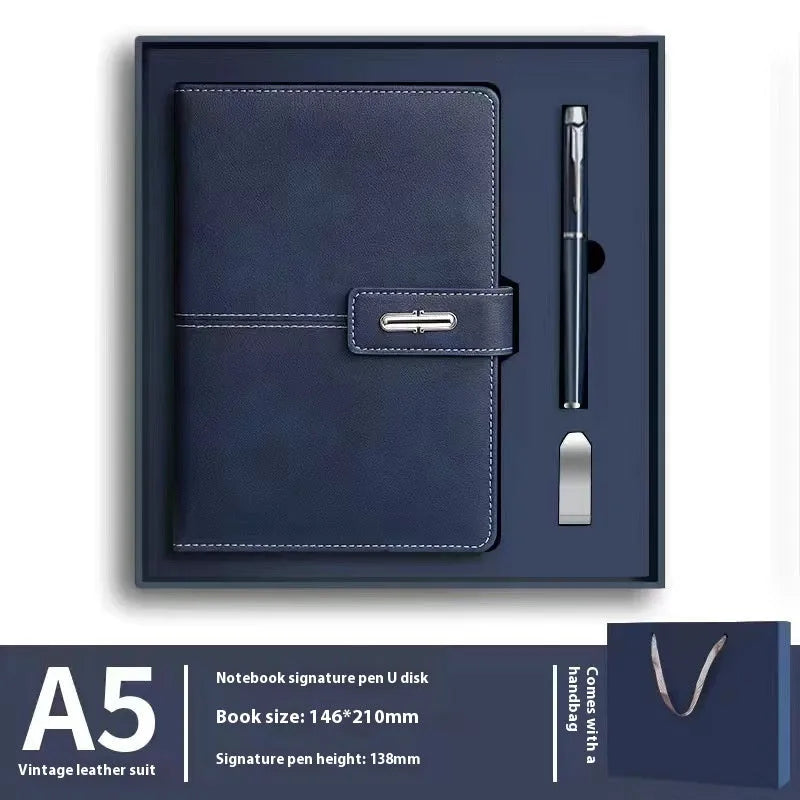 A5 notebook with a PU leather cover, open to show wood-free paper pages.