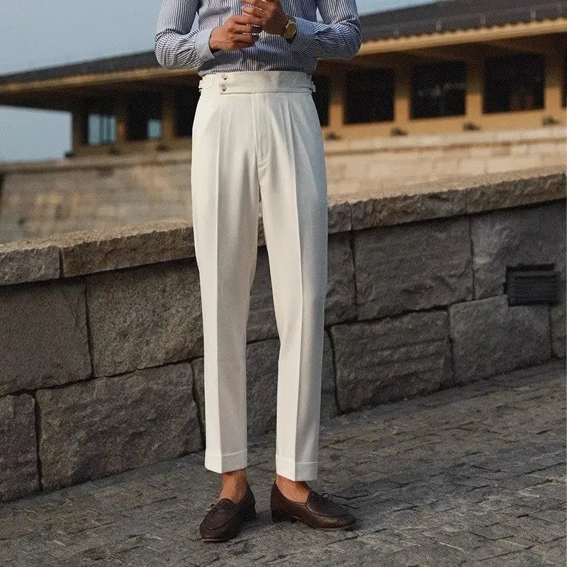 Slim fit straight cut men's suit trousers in apricot, black, or white.