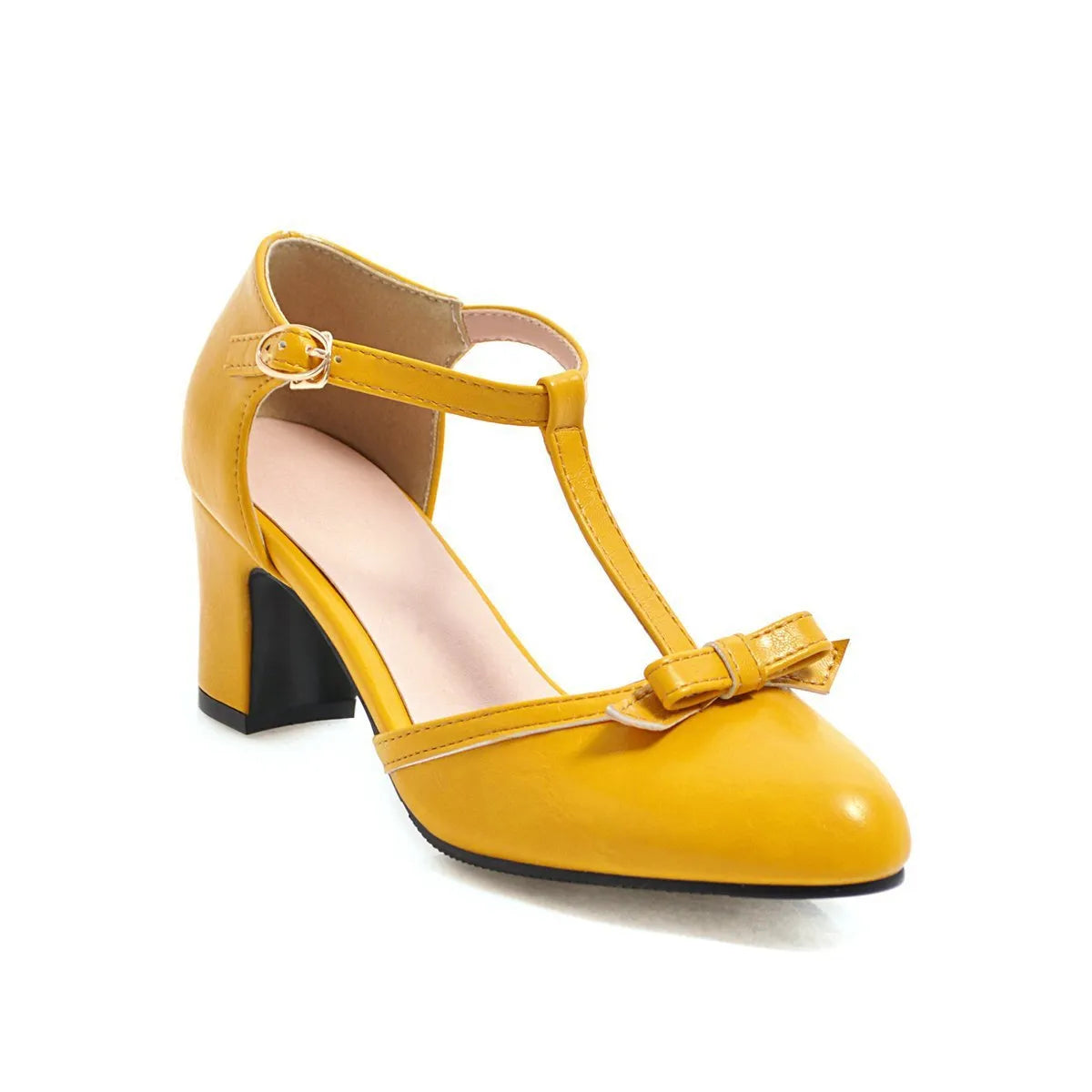 Women's apricot chunky heel sandals with hollow out design, bow tie, and a single buckle strap.