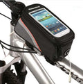 ROSWHEEL waterproof PVC bicycle frame bag for mobile phones, mounted on a bike, shown in black.