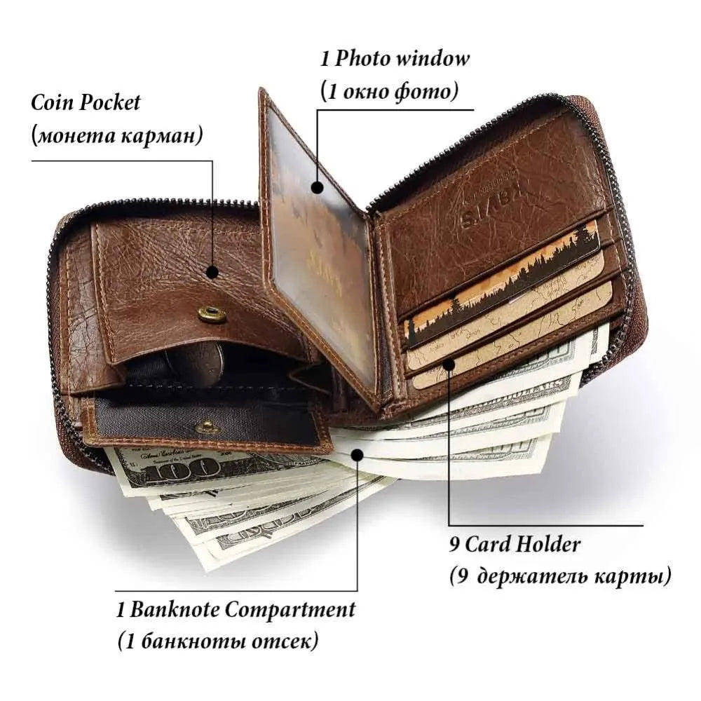 Men's coffee coloured genuine leather wallet with vintage locomotives pattern and multiple compartments