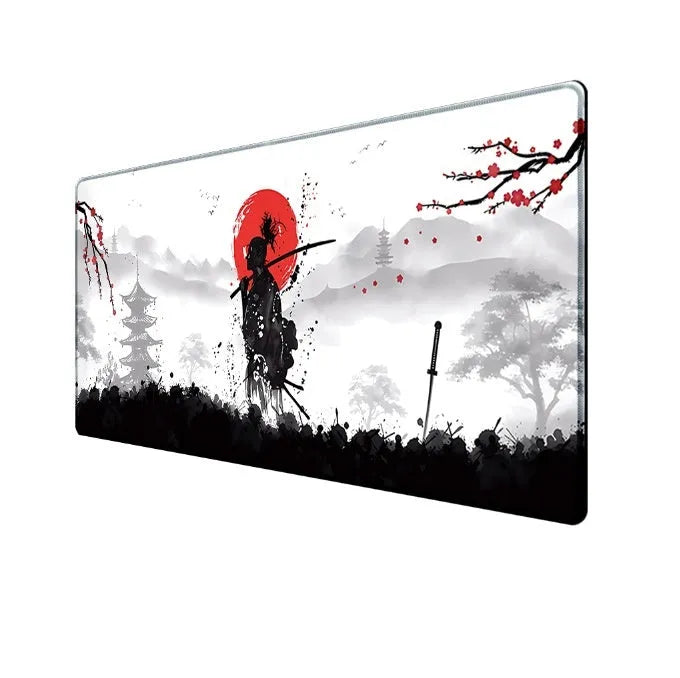 Japanese samurai design cloth gaming mouse pad on a desk, showing non-slip base and custom artwork.