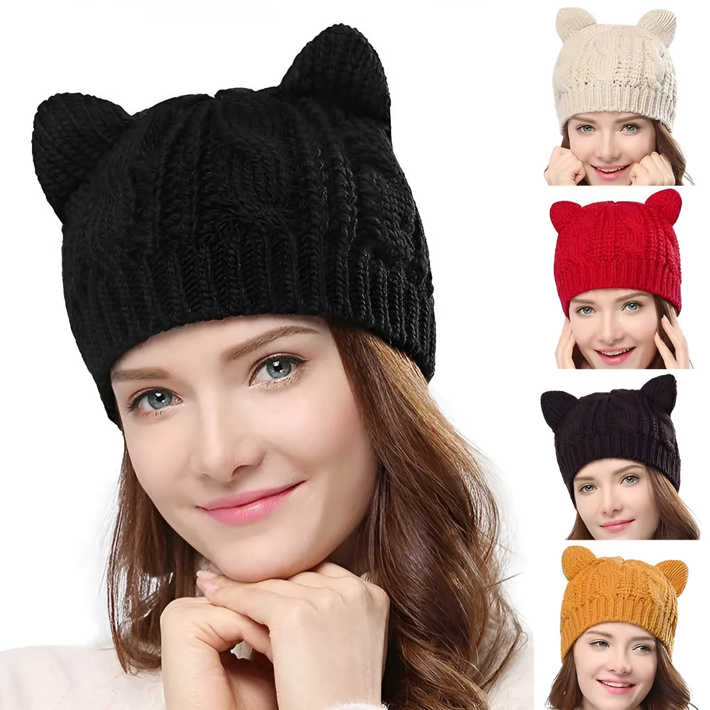 Hand-made knitted winter beanie with 3D cat ears in multiple colour options