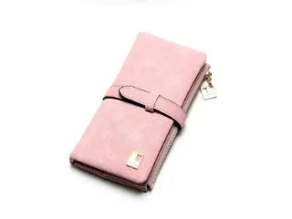 Vertical long Pu leather wallet with zip closure open to show card slots, note compartment, and phone pocket.
