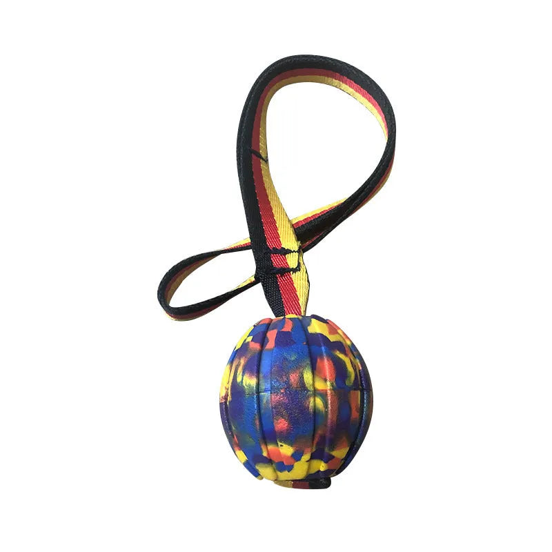 Floating EVA pet training ball with attached string in camouflage or yellow colour