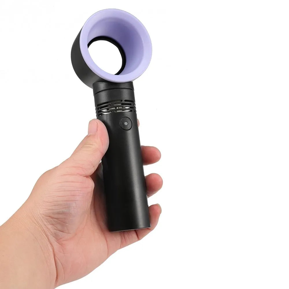 Compact portable bladeless fan on its base, shown in blue, with a USB cable for charging.