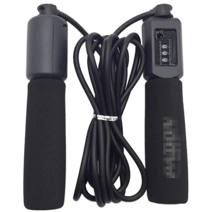 A fitness skipping rope with sponge handles, showing the 3m length and available in black, blue, green, and red colours.