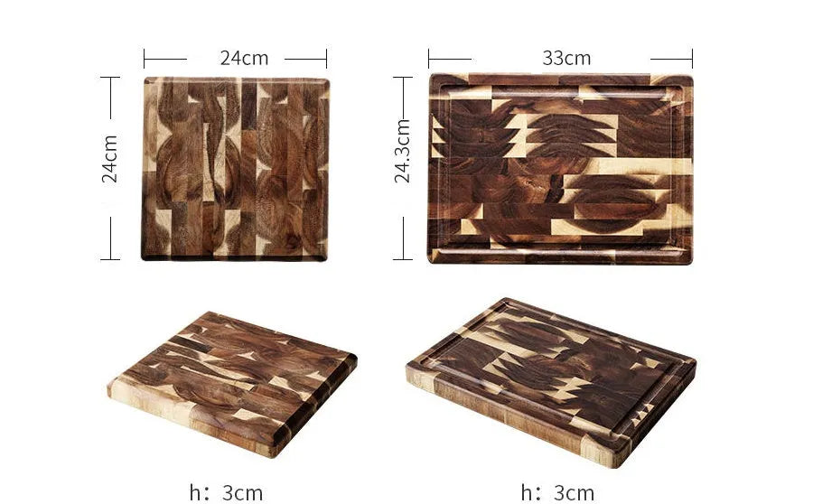 Brown solid acacia wood chopping board, 3cm thick, on a kitchen countertop.