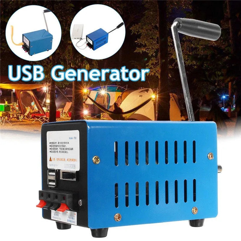 Blue metal USB hand crank emergency generator showing handle and output ports