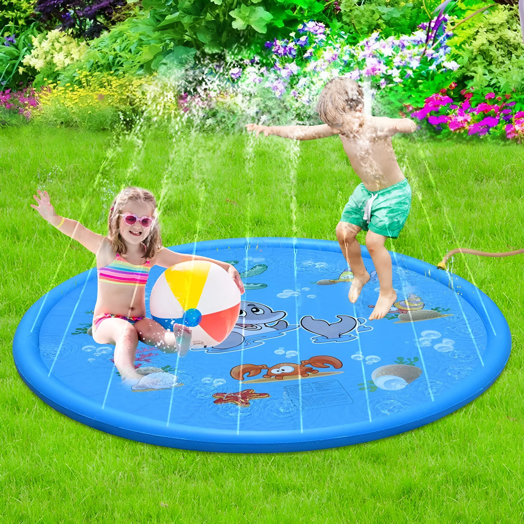 Blue PVC children's water spray mat with marine animal print measuring 100cm by 170cm