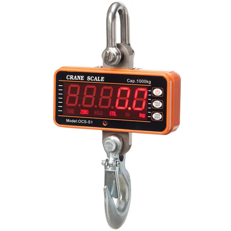 Orange electronic crane scale with digital display showing weight measurement up to 500kg capacity