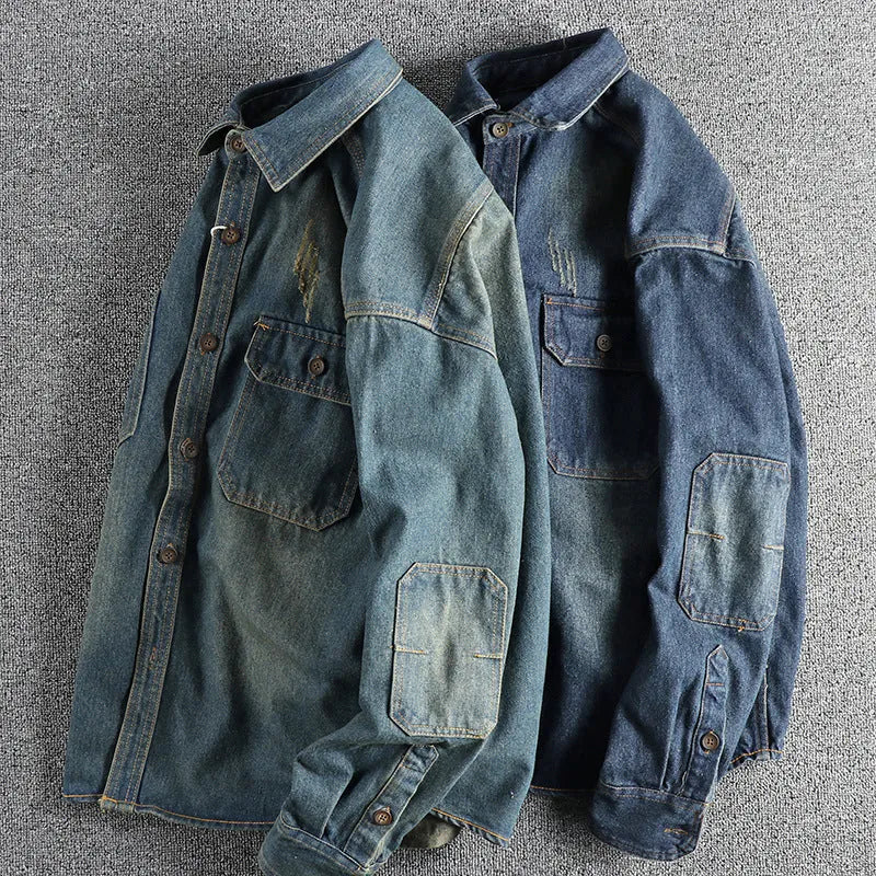 Men's light blue washed vintage denim shirt with loose cardigan fit and long sleeves