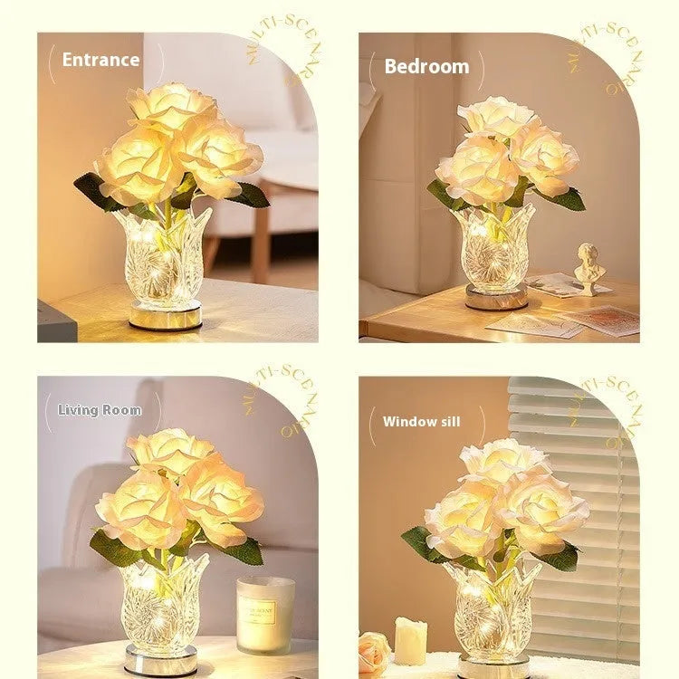 Modern crystal flowers design rechargeable touch table lamp on a bedside table.