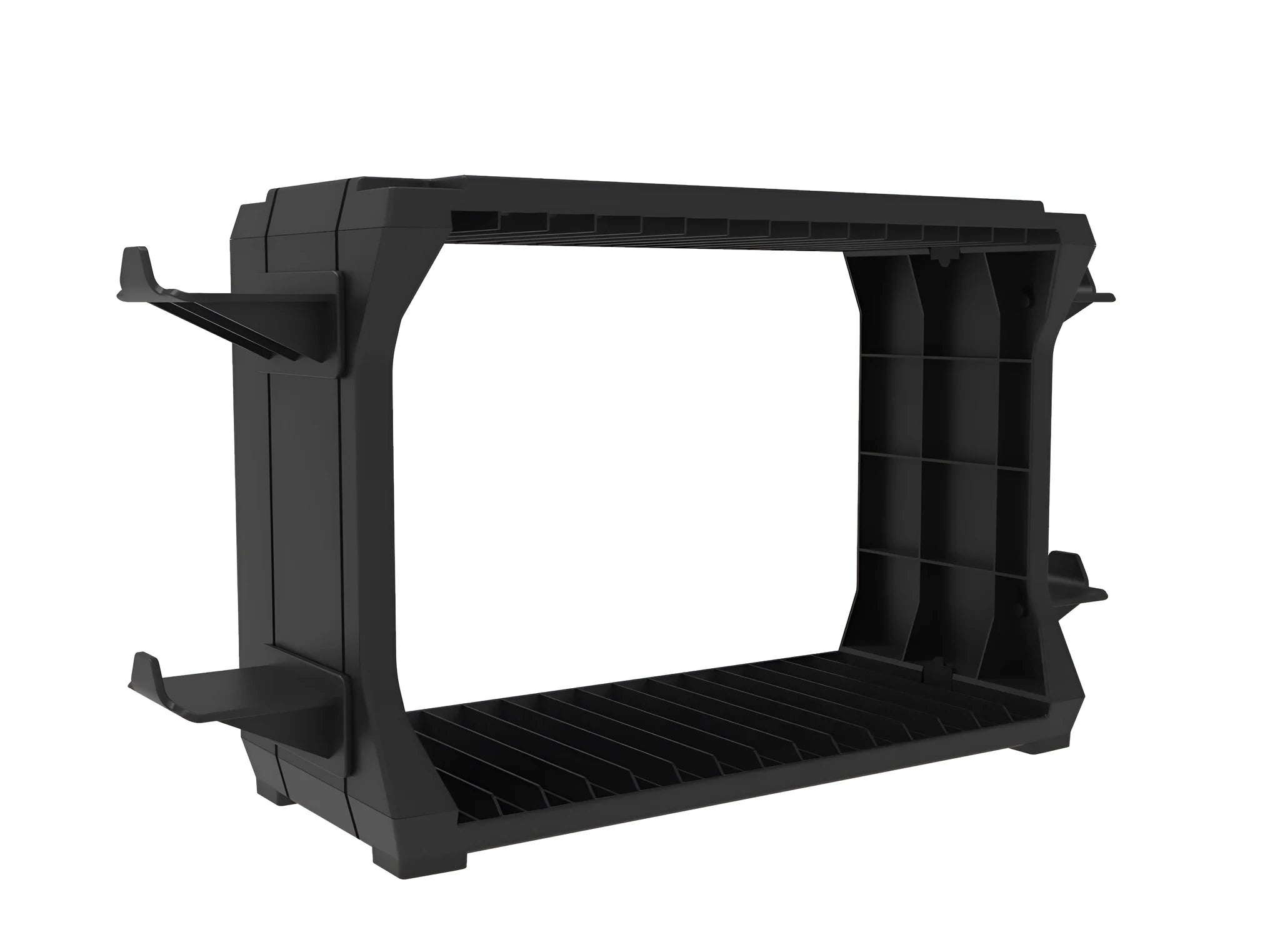 Black PS5 and Xbox Series X disc storage stand with slots for game cartridges and four controller cradles.