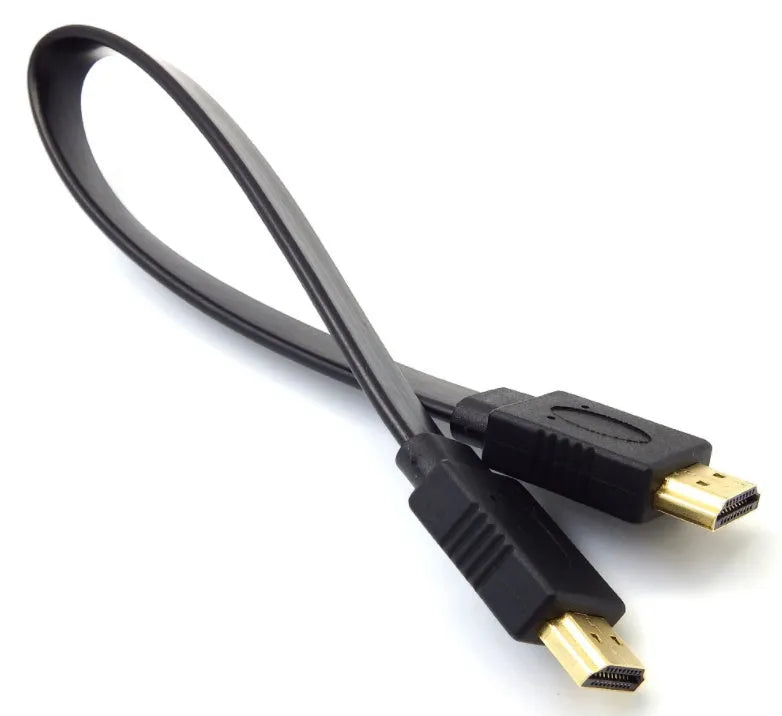 Flat black HDMI cable with male connectors showing length options for HD video connection.