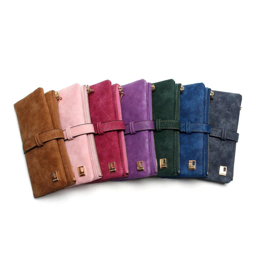 Vertical long Pu leather wallet with zip closure open to show card slots, note compartment, and phone pocket.