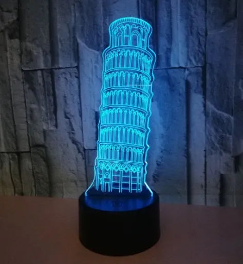 3D acrylic Leaning Tower of Pisa nightlight on black ABS base with USB cable and remote.