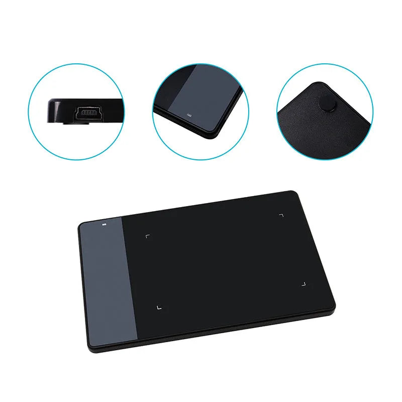 HUION 420 black electronic drawing board with USB connection, 4x2.23 inch work area, and 176 x 115 x 7.5mm body.