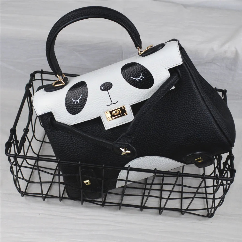 Panda printed cow leather handbag in horizontal square shape, sweet lady style pattern