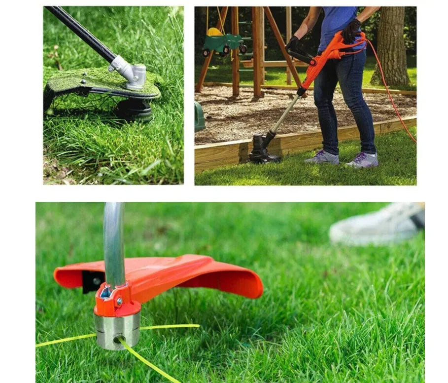 Silver aluminium lawn mower grass cutting head with four light yellow square cords