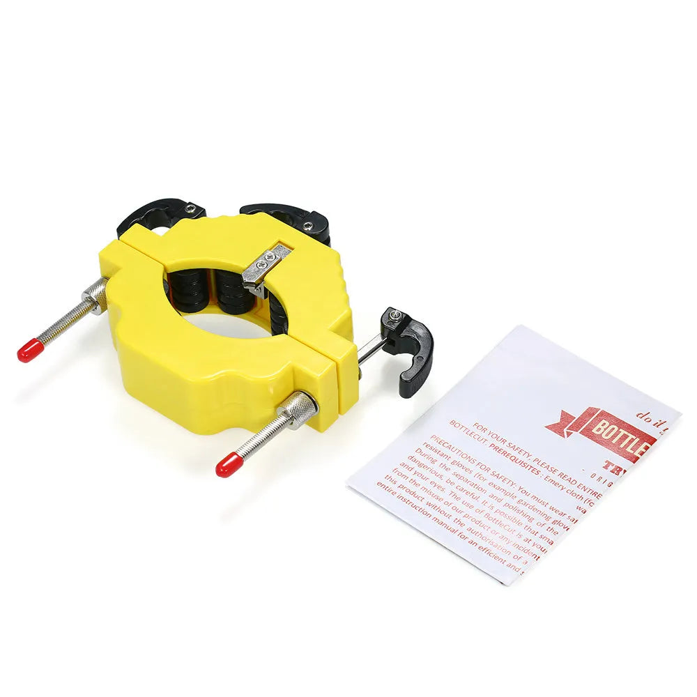 Yellow adjustable bottle cutting tool for glass bottles on a wooden table.