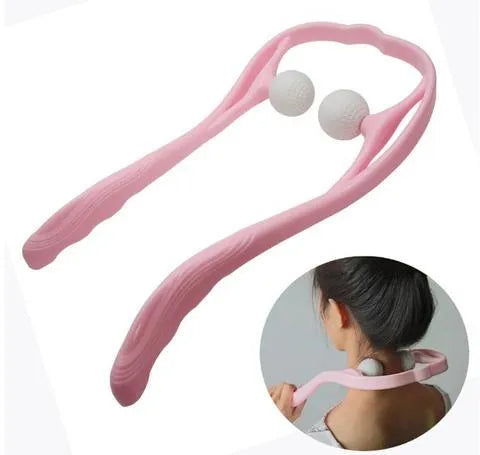 Blue manual neck massager hand roller with swan design and adjustable stand on a white background.