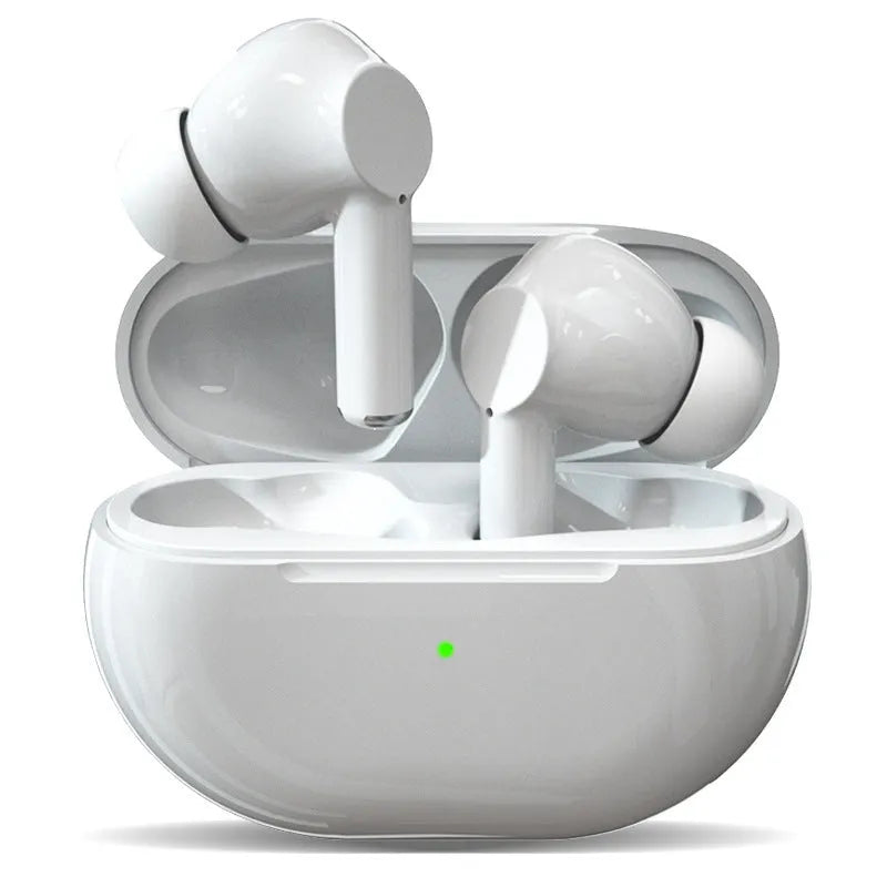 Black and white Pro4 wireless Bluetooth earphones with a charging case and cable.