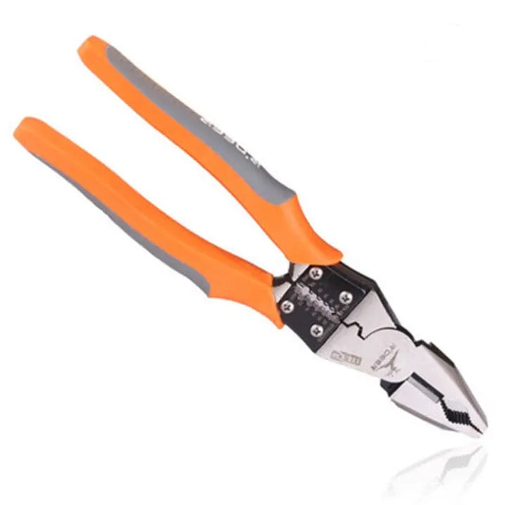 Orange multi-function wire cutter pliers with chrome steel jaws and textured PVC handles.