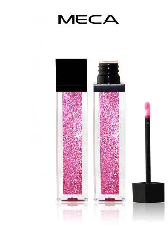 Shiny matte waterproof lip gloss tube with soft applicator, available in five shades including pink and rose red.