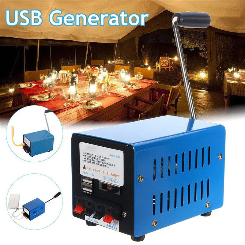 Blue metal USB hand crank emergency generator showing handle and output ports