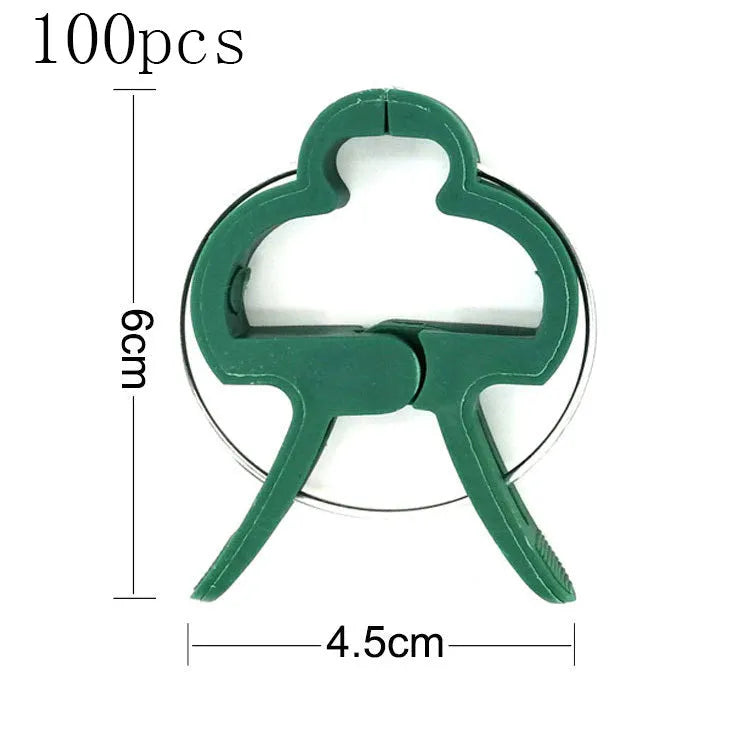 Green plastic and zinc plant fixing clips for supporting climbing tomatoes and beans