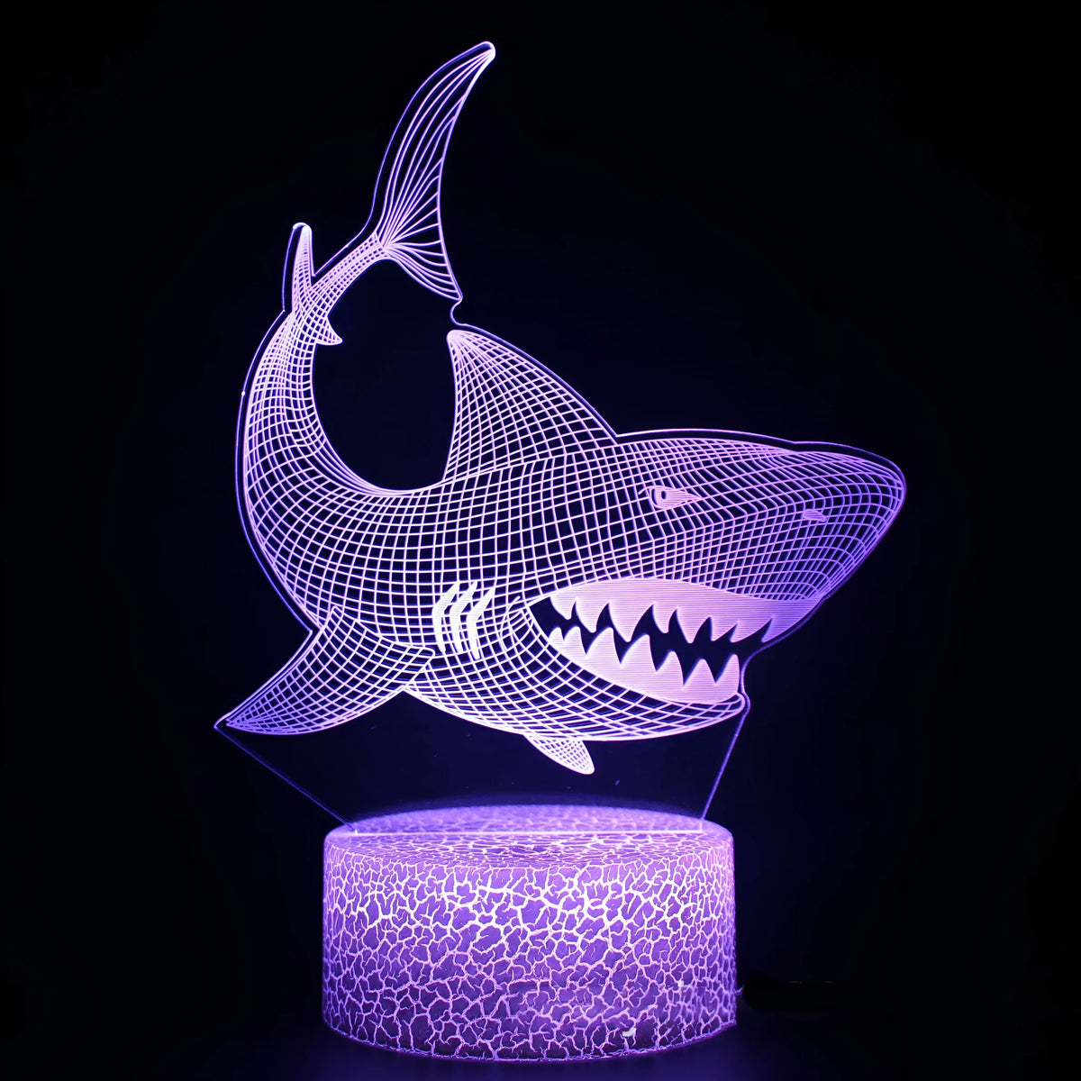Shark shaped 3D table lamp with acrylic light plate and ABS base showing touch controls and remote