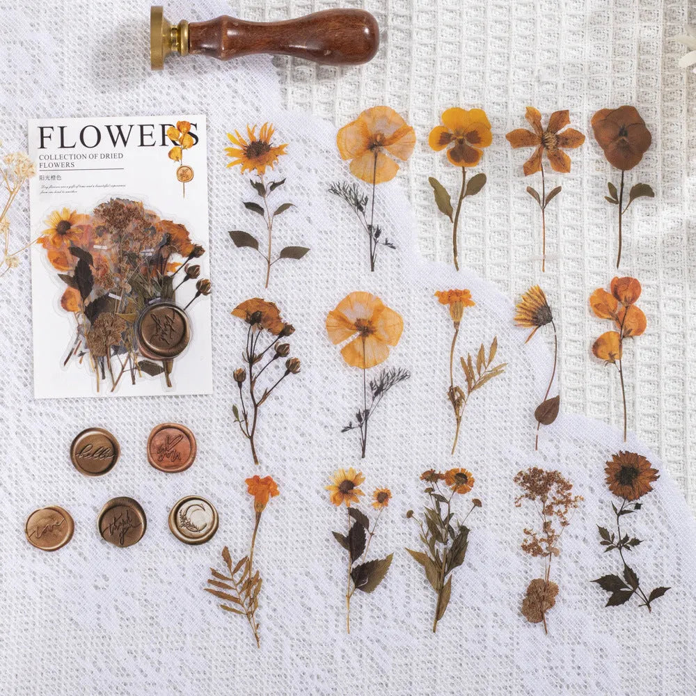 Eight styles of dried flower journal stickers in Dark Night Purple, rose nebula and other colours at 70mm size